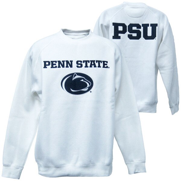 white crew neck sweatshirt with Penn State & Athletic Logo on front, PSU on back